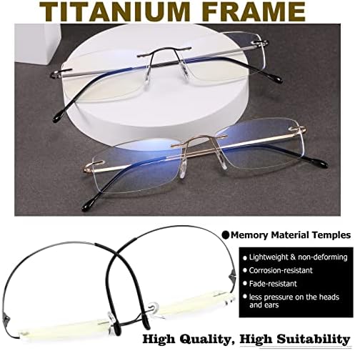 2 Pack Titanium Rimless Reading Glasses Anti Blue Light Glare Filter, Ultralight Spring Hinge Readers for Men Wowen
