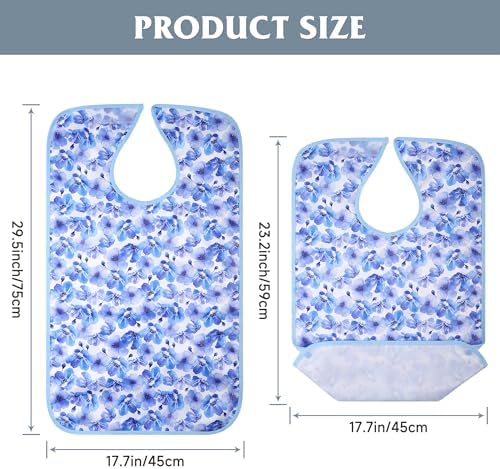 4 Pack Adult Bibs for Women, Reusable Waterproof Large Feeding Adult Bibs, Eating Cloth for Elderly Seniors and Disabled, Blue Flower