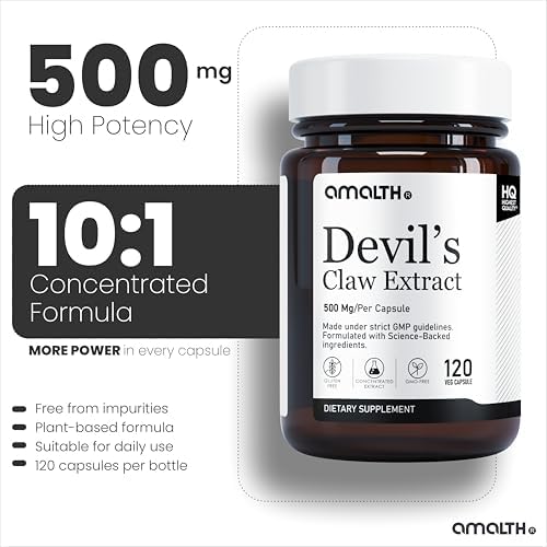 AMALTH Devils Claw Extract Capsules 500 mg | Harpagophytum Procumbens Root Extract Supplement | Plant Based Herbal Supplement | 120 Veg Capsules | Non-GMO, Gluten-Free