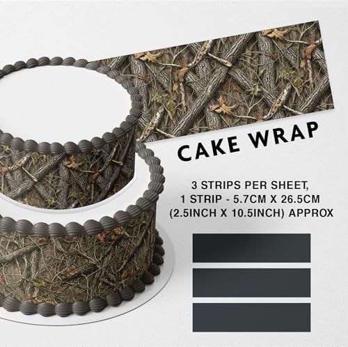 Camo Edible Cake Wrap Strips – Realistic Camouflage Icing Sheet Cake Side Decoration – Hunting & Outdoors Birthday Cake Topper (3 Pre-Cut Strips, 2.5" x 10.5") (Pattern E)