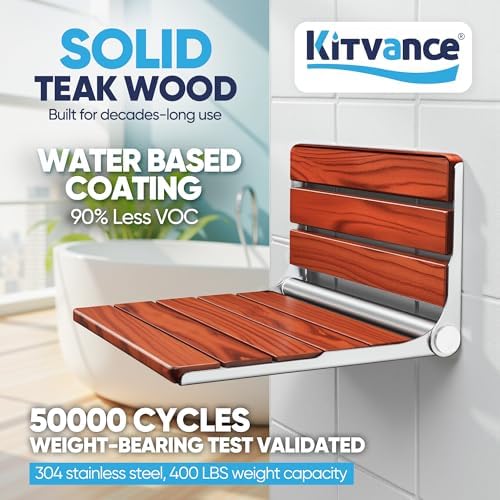 [Upgraded Version] 20" ADA Compliant Folding Teak Shower Seat Wall Mounted - Larger Teak Shower Bench, Home Care Folding Shower Seat for Inside Shower, Wall Mount Shower Chair Shower Stool, Max 400lb