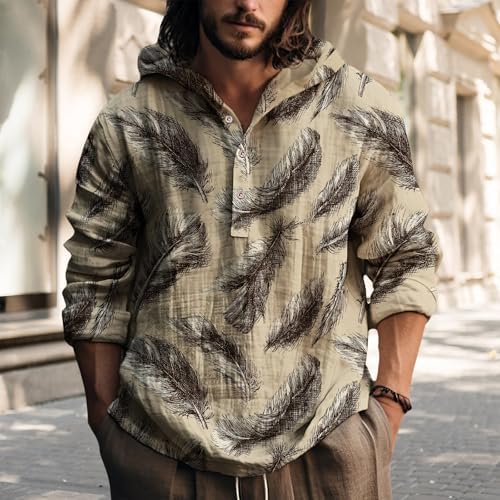 LOAIHA Mens Artistic Print Hooded Sweatshirt Long Sleeve Cotton Blend Lightweight Pullover Button Top for Autumn Outfit