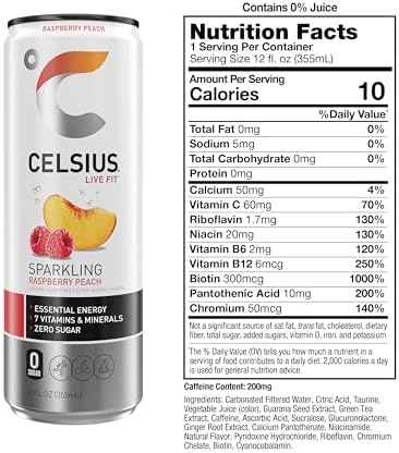 CELSIUS Sparkling Raspberry Peach, Sugar Free Energy Drink, 12 Fl Oz (Pack of 12)