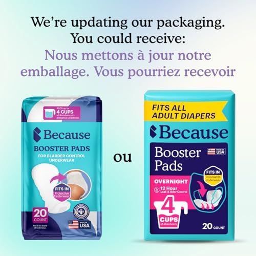 Because Overnight Booster Pads Fit All Adult Diapers, Helps Keep Your Adult Diaper Active All Night, Adds 4 Cups to Incontinence Underwear, Extra Absorbency, 22 Count (Packaging May Vary)