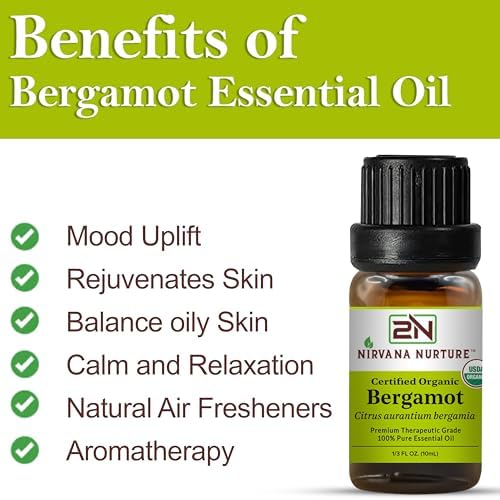 Bergamot Essential Oil, USDA Certified Organic, 100% Pure Undiluted, Aromatherapy Oil for Diffuser, Hair & Skin Care