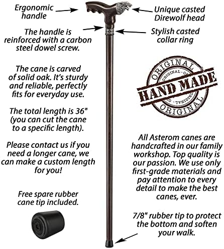 Asterom Wolf Cane - Handcrafted, Ergonomic, Wooden Walking Canes for Men & Women - Wolf Head Cane, Stylish Walking Stick for Men