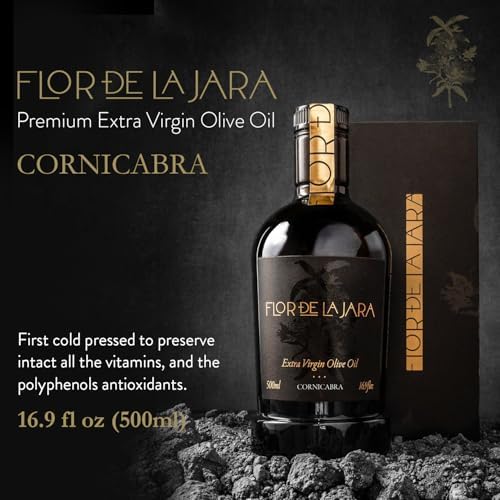 FLOR DE LA JARA Premium Extra Virgin Olive Oil from Spain, First Cold Pressed, Polyphenol-Rich, Monovarietal Cornicabra, Hand-Harvested Olives, Family-Owned Grove, Low Acidity (0.27%), 16.9 fl oz (500ml)