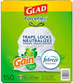GLAD ForceFlex Tall Kitchen Drawstring White Trash Bags, Gain Original Scent with Febreze Freshness (13 gal, 150 ct.)