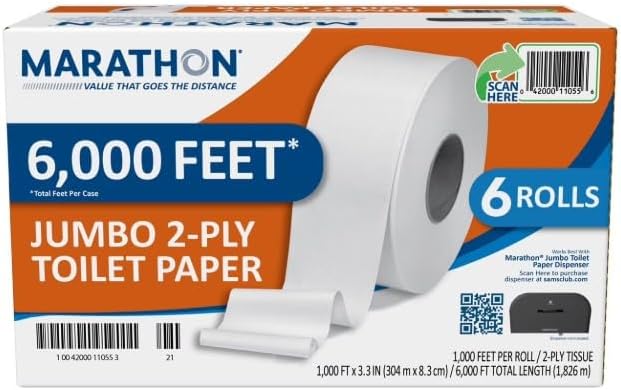 Marathon Jumbo Roll 2-Ply White Toilet Paper 6 rolls, 1000 ft./roll