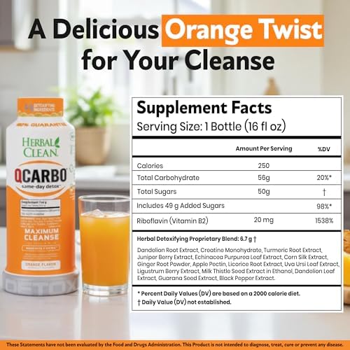Herbal Clean Qcarbo16 Same-Day Detox Cleanse Drink (16 fl oz) - Orange Flavor Full Body Cleanse* Detox Drink for Moderate Toxin Level*, Vitamin B2 and Vitamin B12 for Men & Women