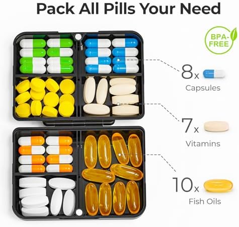 AUVON Daily Pill Organizer Fit with Your Purse or Pocket, Compact Pill Case Travel Essentials with Magnetic Folding Closure & Long-Lasting Hinges, Pill Box for Fish Oils, Supplement, Vitamins (Black)