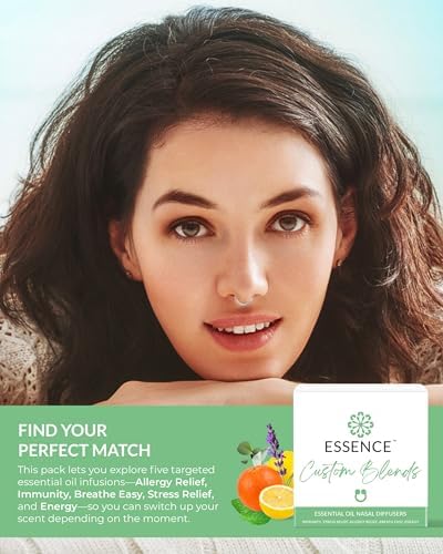 Essence Nasal Diffuser Custom Blends Bundle – Essential Oil Silicone Nose Rings for Energy, Immunity, Stress & Allergy Relief – Wearable Aromatherapy for Daily Wellness & Relaxation