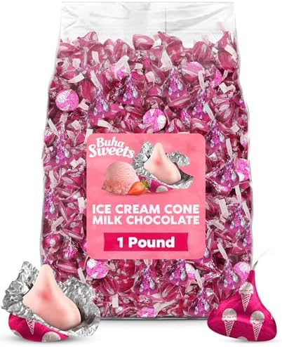 Bulk Strawberry Ice Cream Cone Flavored CandyKisses 1 Pound Bag - Bulk Individually Wrapped Milk Chocolate Candy for Parties, Buffets, Gifts, and Treats - 100 Pieces