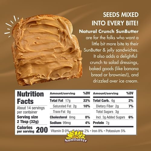 SunButter Crunch Sunflower Seed Butter, 16 oz Nut-Free Spread with 7g Plant-Based Protein, Roasted Rich & Savory Flavor, Smooth Texture | Vegan, Kosher & Non-GMO