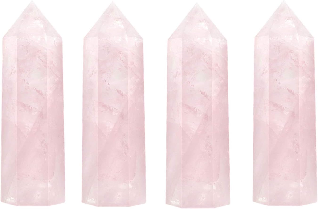 Luckeeper Healing Crystal Wands | 2" Rose Quartz Crystal Points 6 Faceted Reiki Chakra Meditation Therapy 4 PCS