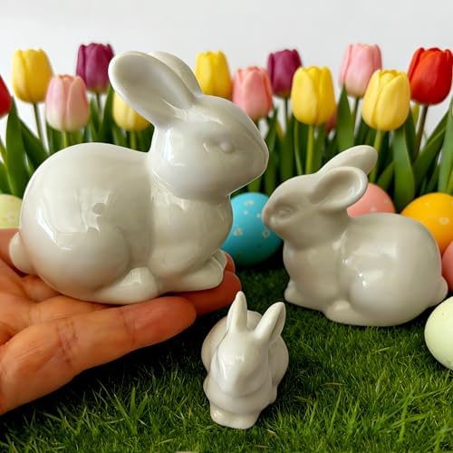 Set of Mini Ceramic Rabbit Figurines, Porcelain Easter Bunny Decorations for Home, Tabletop Ornament, Tea Ceremony Pet (3-White)