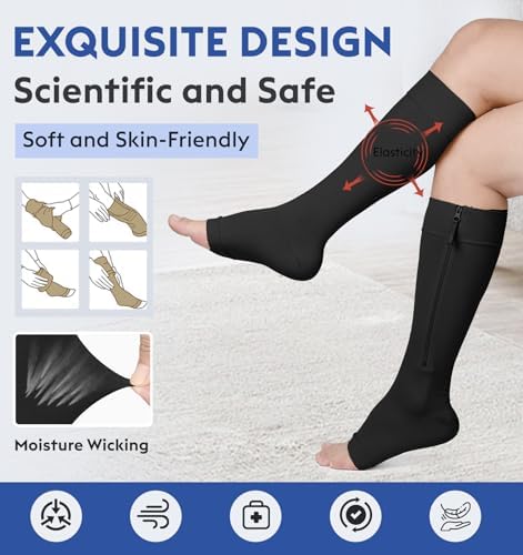 KEKING® Zipper Compression Socks for Men Women, Open Toe, 20-30mmHg Firm Support Knee High Zipper Compression Stockings for Wide Calf - Varicose Veins, DVT, Shin Splints, Edema, Nursing, Black XXL