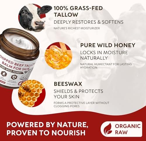 RICHGRAND Beef Tallow for Skin - Whipped Tallow and Honey Balm - Grass Fed Beef Tallow for Face, Daily Moisturizer & Body Butter - Natural Non Comedogenic Skincare (4.3 oz)