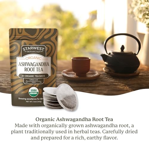 Starwest Botanicals Organic Ashwagandha Tea - Caffeine Free Herbal Tea, String Free Sachets, USDA Organic Ashwagandha Root, Non GMO - 20 Bags
