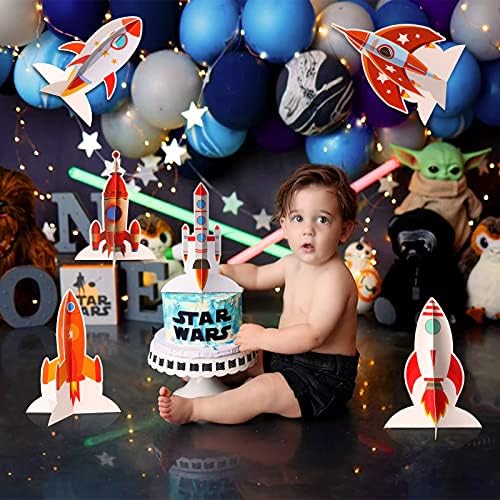 Yewong 6 Pieces Outer Space 3D Table Centerpiece Blast Off Spaceship Rocket Paper Cutout Table Topper for Outer Space Party Decoration Birthday Baby Shower Supplies