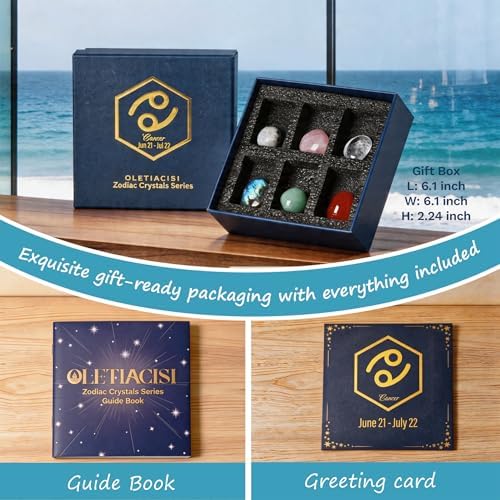 Cancer Zodiac Crystal Set, 6 Natural Healing Crystals for Meditation & Emotional Wellness, Complete Gift Set with Guidebook