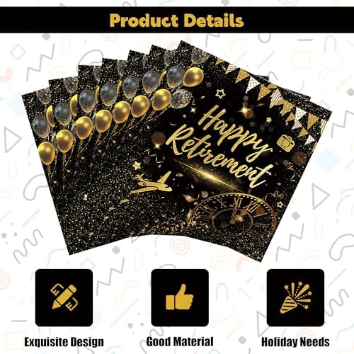 20 Pack Happy Retirement Napkins Black Gold Retirement Party Decorations Disposable Dinner Paper Napkins Farewell Cocktail Napkins for Women Men Retirement Party Supplies,6.5 * 6.5inch Folded