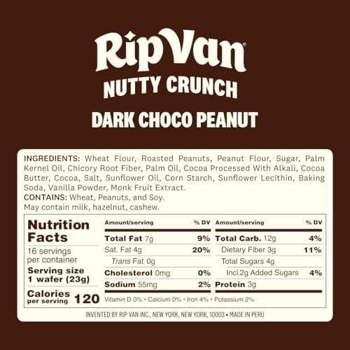 Rip Van Nutty Crunch Dark Chocolate Peanut Butter Wafer – Crispy Wafer Snack, Low Sugar, 120 Calories, Individually Wrapped - 16 Count