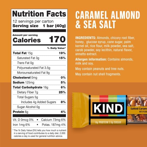 KIND Healthy Snacks Bars, Caramel Almond & Sea Salt, Gluten Free, Low Sugar, High Fiber Snacks, 6g Protein, 12 Count