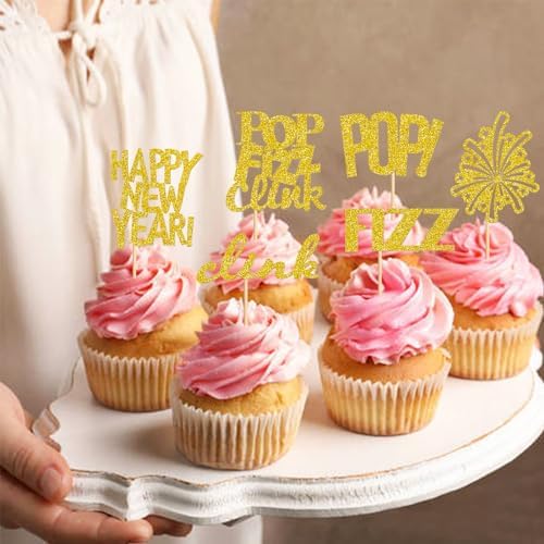 24 Pcs Happy New Year Cupcake Toppers Welcome 2026 Picks Fireworks FIZZ POP Clink Cupcake Toppers for Congratulations 2026 Happy New Year Eve Holiday Theme Holiday Party Decoration POP Gold