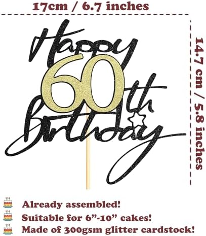 Sotpot 1 Pack 60th Birthday Cake Topper Black Gold Glitter Birthday Cake Decorations for 60th Birthday Theme Party Cake Decorations Supplies