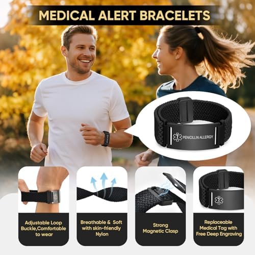 VNOX Medical Alert Id Bracelet for Men Women, Custom Engraving Elastic Braided Stretchy Loop Emergency Survival Medic Bracelets Wristband Loop Band with Replacement Tag