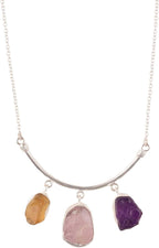 Three Stone Necklace Natural Real Citrine, Morganite, Amethyst Crystals Bezel Pendant, Raw Gemstone, Healing Gemstone, Birthday, Mothers Day Gift Jewelry, Occasion Wear, Gift for Her