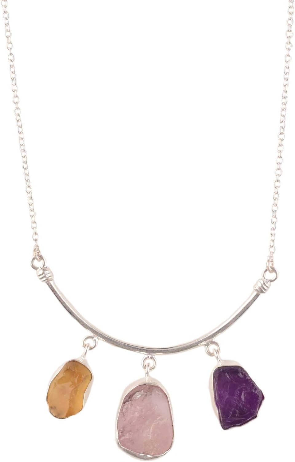 Three Stone Necklace Natural Real Citrine, Morganite, Amethyst Crystals Bezel Pendant, Raw Gemstone, Healing Gemstone, Birthday, Mothers Day Gift Jewelry, Occasion Wear, Gift for Her