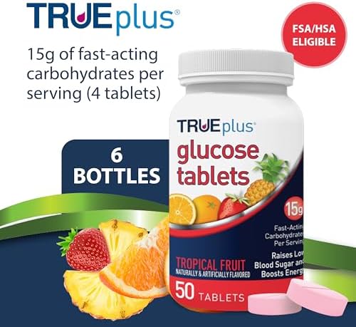 TRUEplus Glucose Tablets, Chewable, Tropical Fruit Flavor, 15g Fast-Acting Carbohydrates, Fat Free, Gluten Free, Boost Energy, 50 Count, 6 Bottles