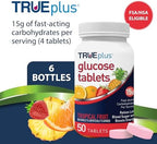 TRUEplus Glucose Tablets, Chewable, Tropical Fruit Flavor, 15g Fast-Acting Carbohydrates, Fat Free, Gluten Free, Boost Energy, 50 Count, 6 Bottles