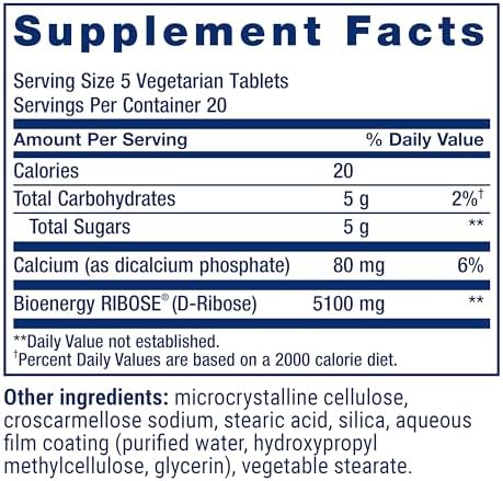 Life Extension D-Ribose Tablets, plus calcium, helps maintain healthy energy levels in heart and muscle, encourages the production of ATP, gluten-free, non-GMO, vegan, 100 vegetarian tablets