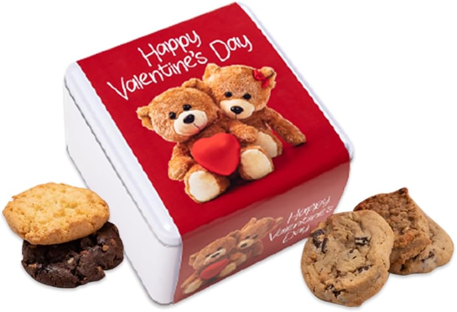 Carolina Cookie Company Valentine Teddy Bear Cookie Tin - 12 Gourmet Fresh Baked Cookies Gift Box - Romantic Sweet Treats for Valentine’s Day, Couples, Family, and Friends