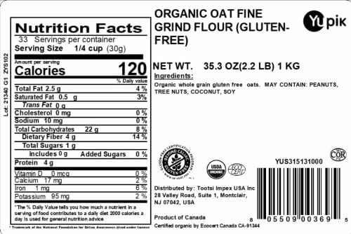 Yupik Organic Oat Flour, Gluten-Free, 2.2 lb (35.2 oz), Non-GMO, Vegan, Kosher, Finely Ground Whole Grain Oats, Salt-Free, Oil-Free, Fine Meal, Good Source of Fiber, Ideal for Baking & Cooking