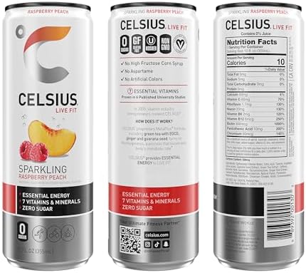 CELSIUS Sparkling Raspberry Peach, Sugar Free Energy Drink, 12 Fl Oz (Pack of 12)