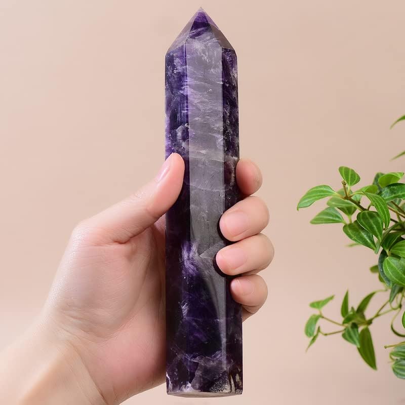 Large Natural Dream Amethyst Healing Crystal Wand 7.08-7.87" Natural Crystal Tower 6 Faceted Chakra Crystal Point Meditation Therapy Reiki Energy Stone Home Decor Collection Gift