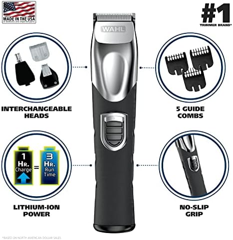 Wahl USA Rechargeable Lithium Ion All in One Beard Trimmer for Men with Detail and Ear & Nose Hair Trimmer Attachment – Model 9854-600B