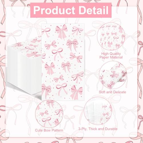 100PCS Pink Bow Napkins Disposable Hand Towels for Bathroom 3 Ply Decorative Bow Paper Napkins Pink Coquette Party Guest Napkins for Birthday Bachelorette Bridal Wedding Party Supplies