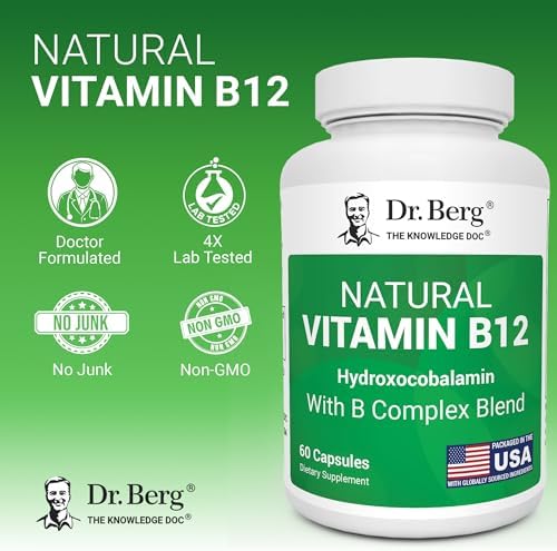 Dr. Berg Natural Vitamin B12 1000 mcg (Hydroxocobalamin) 60 Capsules – Energy, Brain & Nervous System Support* – w/B-Complex + Magnesium – 4X Lab Tested, GMO-Free, No Fillers