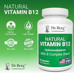 Dr. Berg Natural Vitamin B12 1000 mcg (Hydroxocobalamin) 60 Capsules – Energy, Brain & Nervous System Support* – w/B-Complex + Magnesium – 4X Lab Tested, GMO-Free, No Fillers
