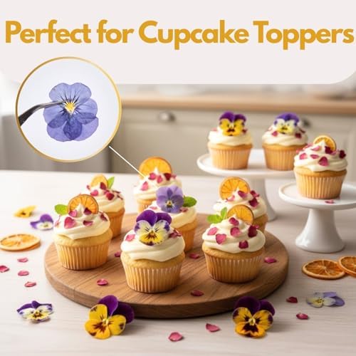 63 Pcs Edible Flowers Cake Decorations – Dried Edible Flowers for Cocktails, Drinks, Cupcake Topper & Cake Decorating, Food Grade Pressed Flowers Mix with Pansy, Heart Rose Petals & Orange