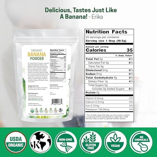 Z Natural Foods Organic Banana Powder, Fiber Supplement for Glowing Skin and Enhanced Immunity, Great in Juice, Smoothies, and Recipes, Non-GMO, Vegan, Gluten-Free, Kosher, 1 lb.