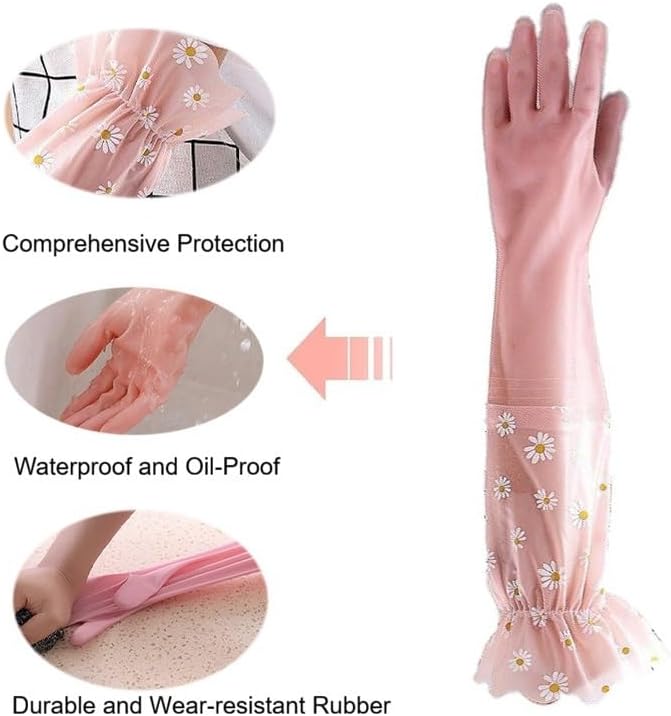 Dishwashing Cleaning Gloves Thick Waterproof Tear-Resistant Household Rubber Cleaning Gloves with Long Elastic Cuffs for Kitchen Laundry Fruits Gardening (Pink, Lace)