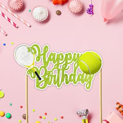 "Tennis Happy Birthday Cake Topper – Sports Theme Party Supplies – Fun and Unique Tennis Racket and Ball Cake Decoration for Teens, and Adults – Perfect for Sports Lovers and Birthday Celebrations"