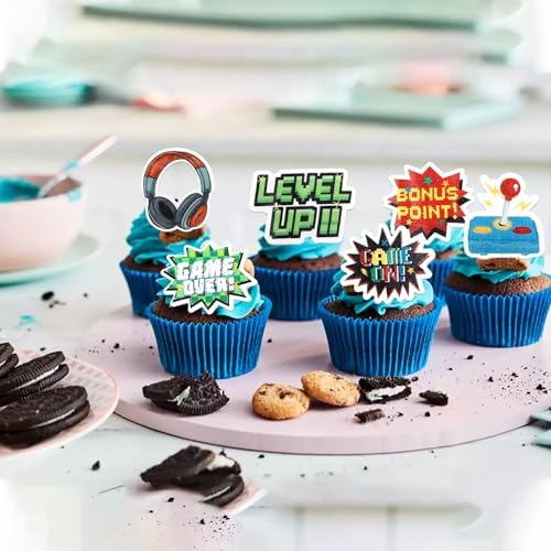 56 PCS Edible Video Game Cupcake Toppers Wafer Paper Game On Controllers Cupcake Picks Edible GamePad Cake Decorations for Game Theme Baby Shower Kids Boys Gamer Birthday Anniversary Party Supplies