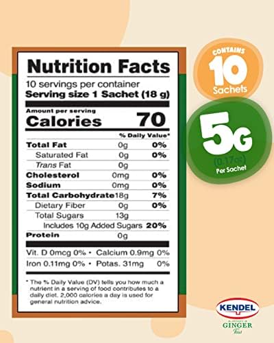 Kendel Instant Ginger Drink with Brown Sugar – Real Ginger Powder Tea – Caffeine Free Warming Beverage – Hot or Cold – 10 Sachets